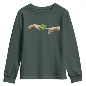 Funny St Patricks Day Shamrock The Creation of Adam Meme Youth Sweatshirt TS11 Dark Forest Green Print Your Wear