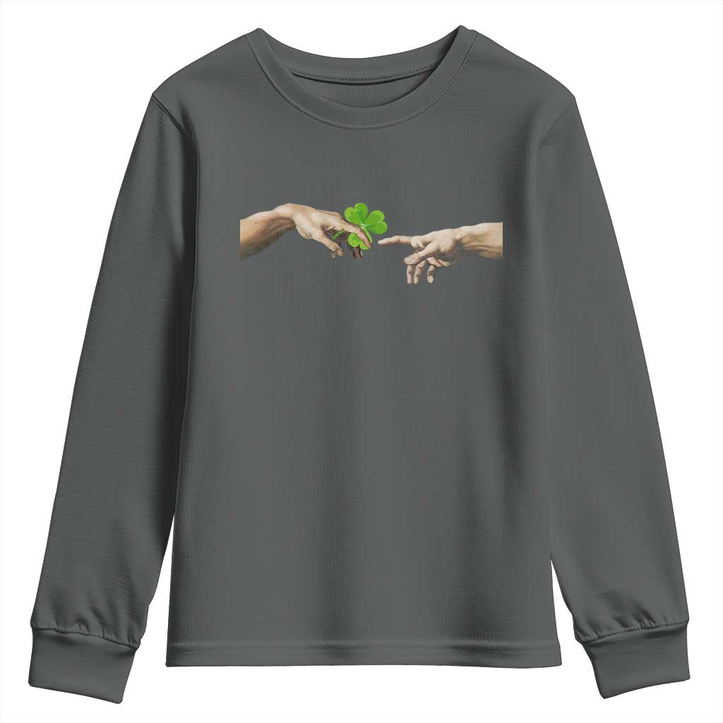 Funny St Patricks Day Shamrock The Creation of Adam Meme Youth Sweatshirt TS11 Dark Heather Print Your Wear