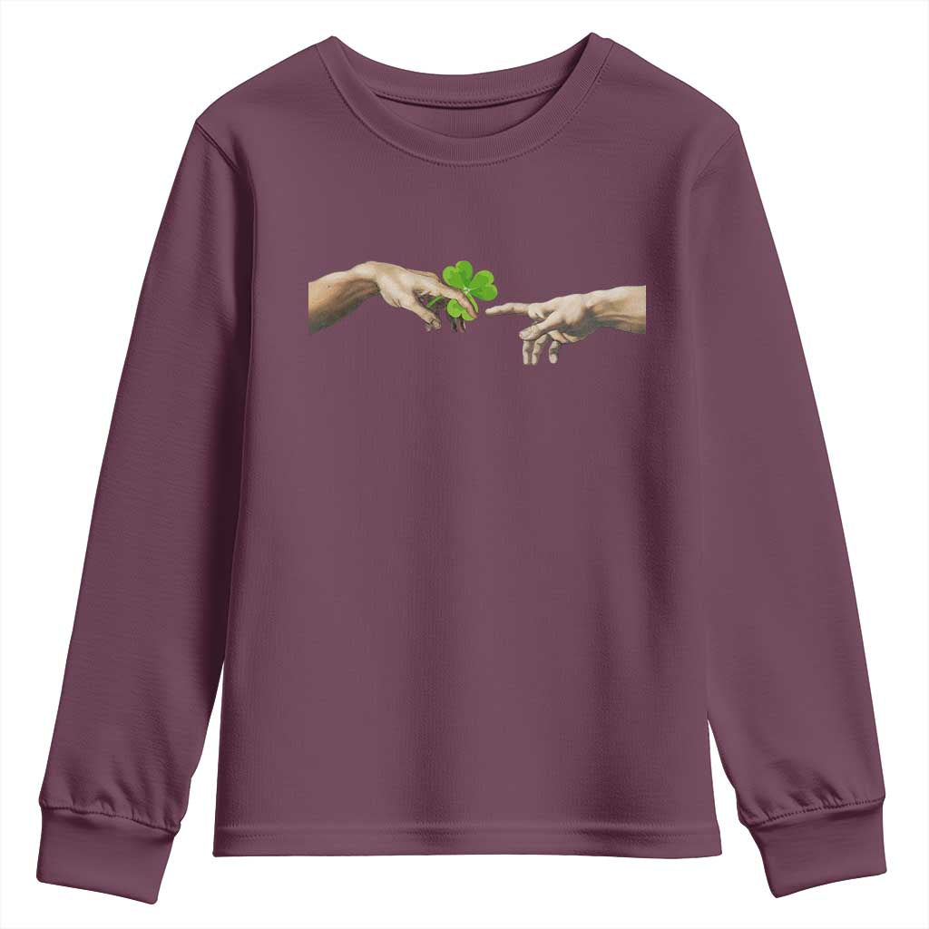 Funny St Patricks Day Shamrock The Creation of Adam Meme Youth Sweatshirt TS11 Maroon Print Your Wear