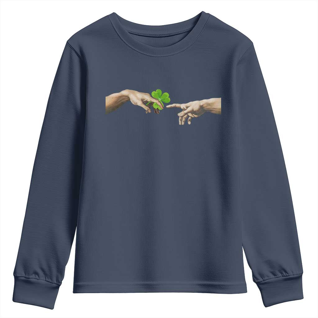 Funny St Patricks Day Shamrock The Creation of Adam Meme Youth Sweatshirt TS11 Navy Print Your Wear