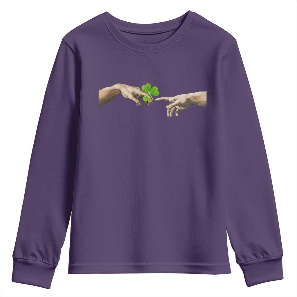 Funny St Patricks Day Shamrock The Creation of Adam Meme Youth Sweatshirt TS11 Purple Print Your Wear