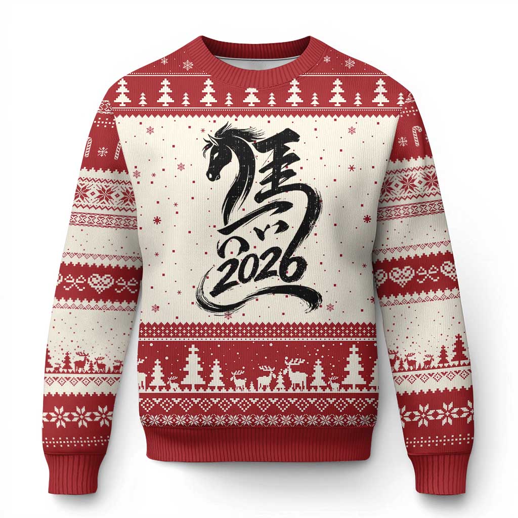 Chinese New Year 2026 Ugly Christmas Sweater Year of The Horse Calligraphy Ink Art TS11 Beige Red Print Your Wear