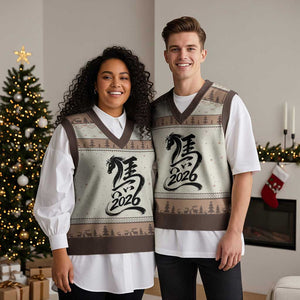 Chinese New Year 2026 V-Neck Knit Sweater Vest Year of The Horse Calligraphy Ink Art TS11 Mocha Mousse Print Your Wear