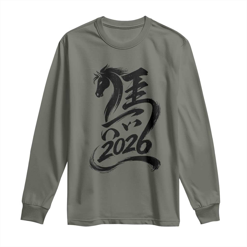 Chinese New Year 2026 Long Sleeve Shirt Year of The Horse Calligraphy Ink Art TS11 Military Green Print Your Wear