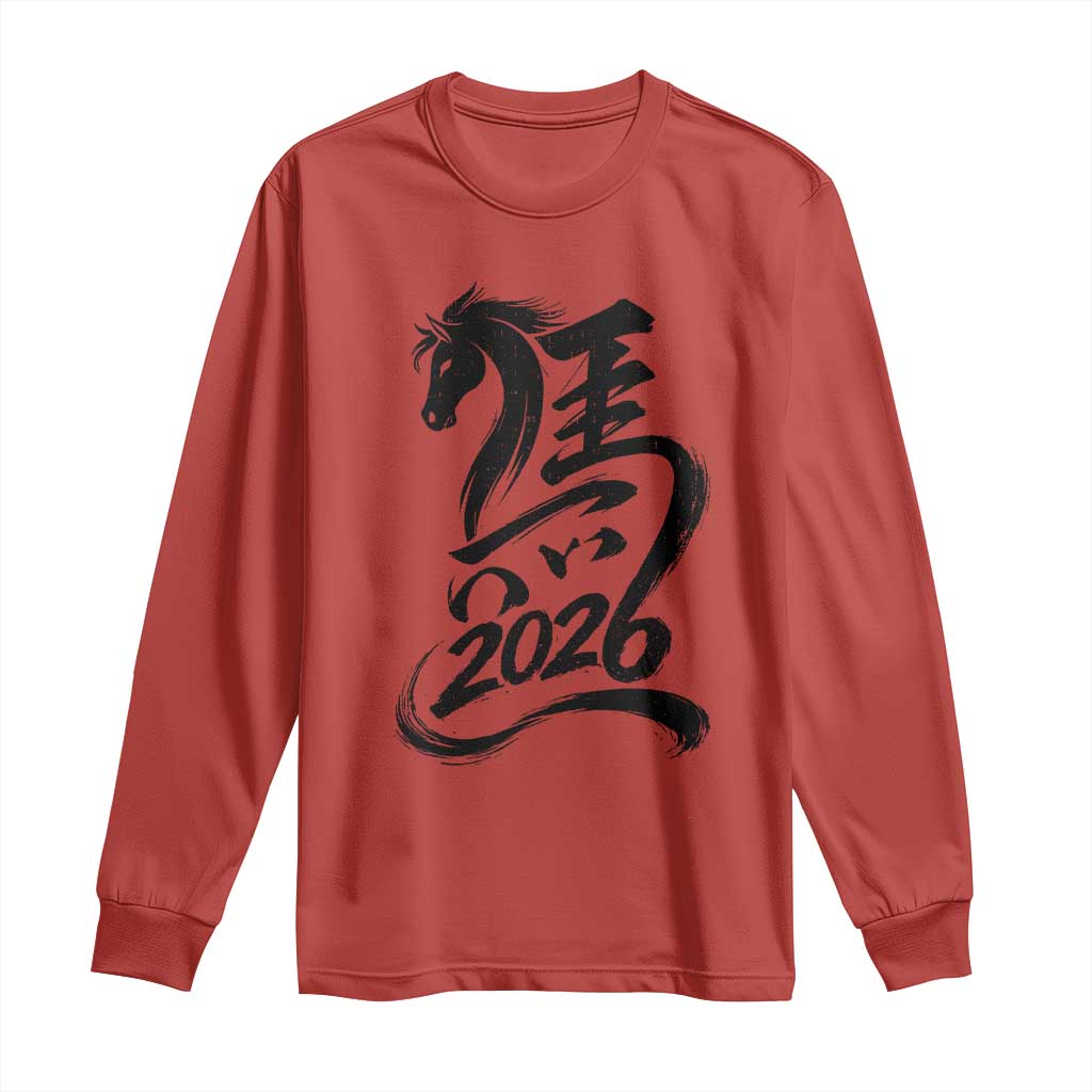 Chinese New Year 2026 Long Sleeve Shirt Year of The Horse Calligraphy Ink Art TS11 Red Print Your Wear