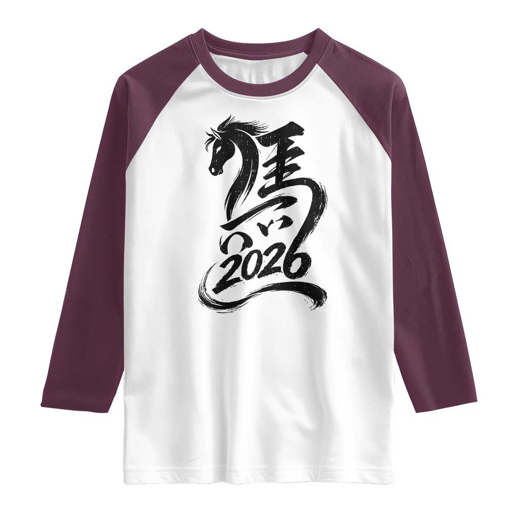 Chinese New Year 2026 Raglan Shirt Year of The Horse Calligraphy Ink Art TS11 White Maroon Print Your Wear