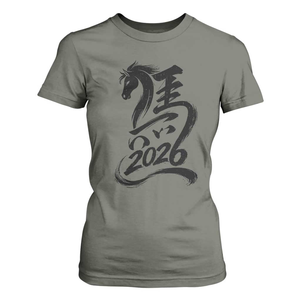 Chinese New Year 2026 T Shirt For Women Year of The Horse Calligraphy Ink Art TS11 Military Green Print Your Wear