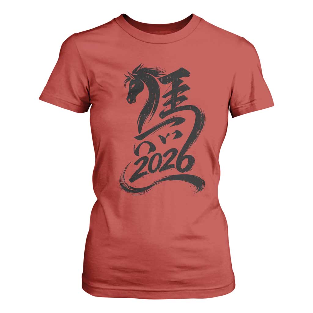 Chinese New Year 2026 T Shirt For Women Year of The Horse Calligraphy Ink Art TS11 Red Print Your Wear