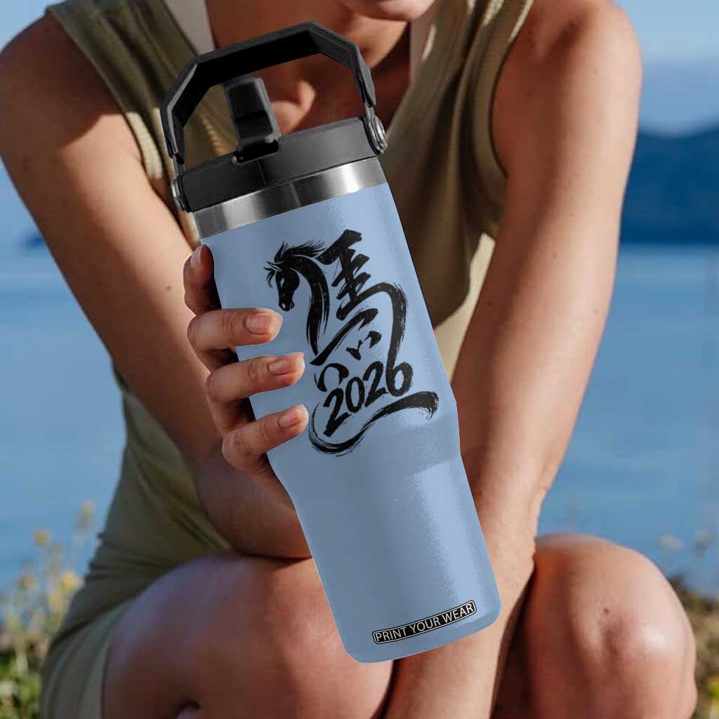 Chinese New Year 2026 Flip Straw Tumbler Year of The Horse Calligraphy Ink Art TS11 One Size: 30 oz Light Blue Print Your Wear