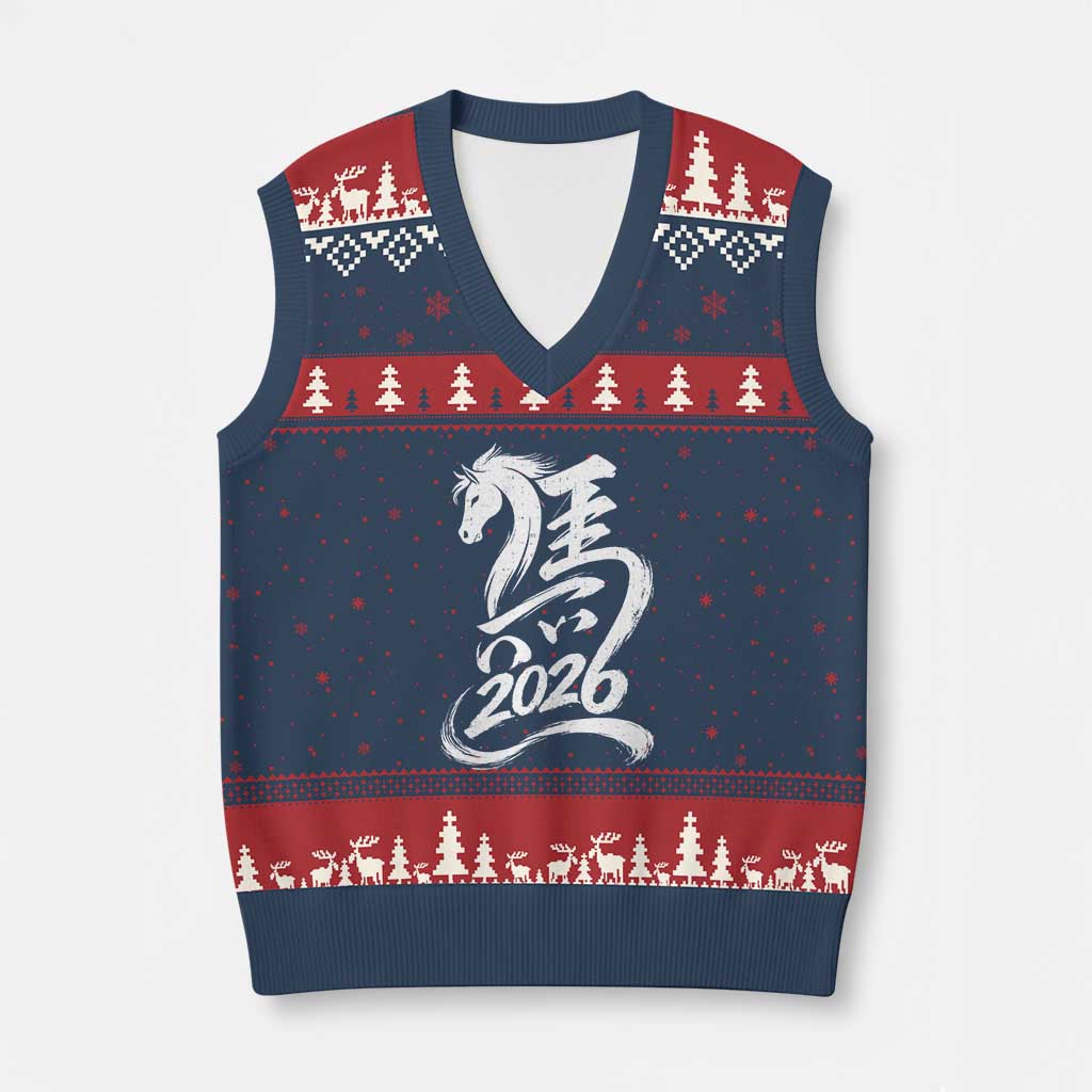 Chinese New Year 2026 V-Neck Knit Sweater Vest Year of The Horse Chinese Calligraphy Art TS11 Navy Red Print Your Wear
