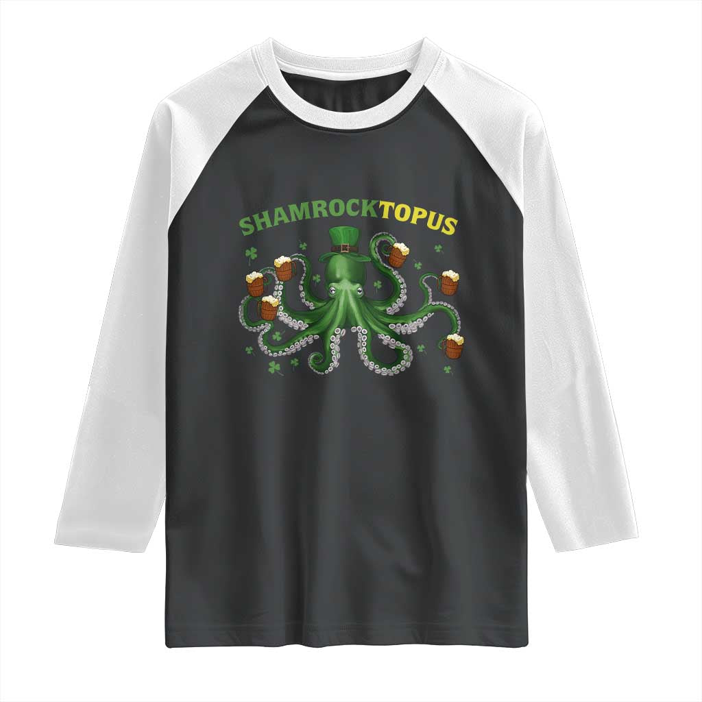 Funny St Patrick's Day Octopus Shamrocktopus Raglan Shirt Irish Beer Mug TS11 Black White Print Your Wear