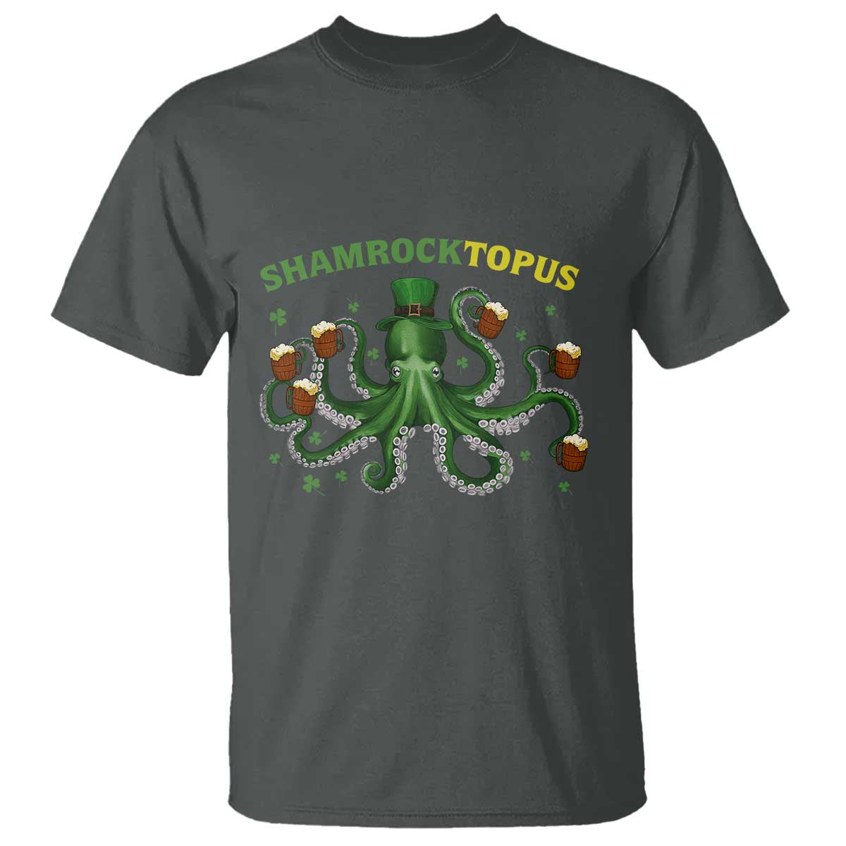 Funny St Patrick's Day Octopus Shamrocktopus T Shirt Irish Beer Mug TS11 Dark Heather Print Your Wear