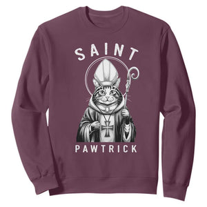 Funny St Patrick's Day Cat Sweatshirt Saint Pawtrick TS11 Maroon Print Your Wear