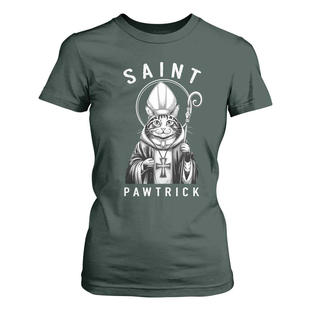 Funny St Patrick's Day Cat T Shirt For Women Saint Pawtrick TS11 Dark Forest Green Print Your Wear
