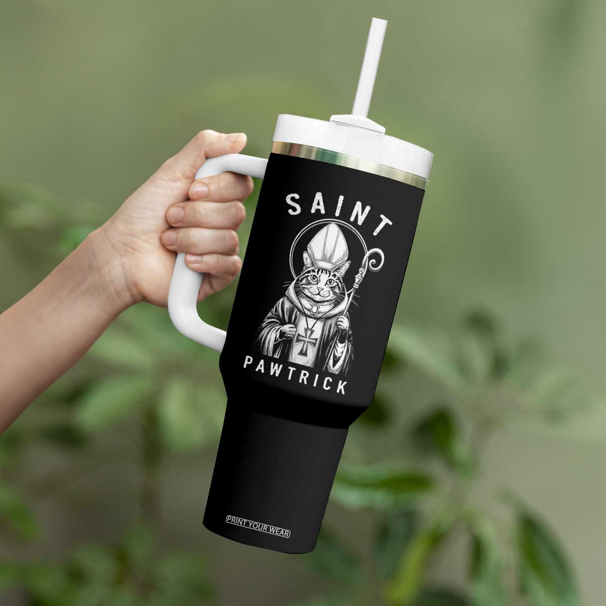 Funny St Patrick's Day Cat Tumbler With Handle Saint Pawtrick TS11 Print Your Wear