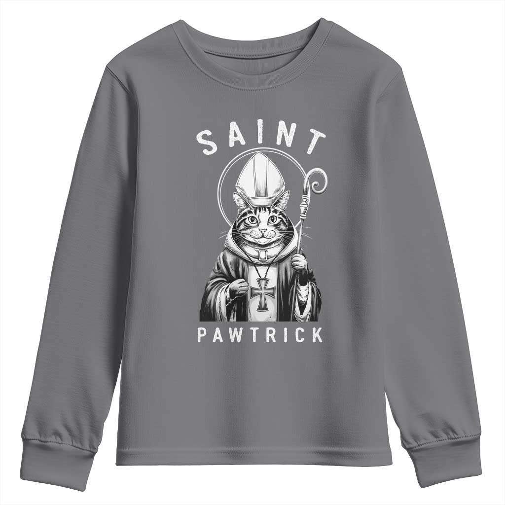 Funny St Patrick's Day Cat Youth Sweatshirt Saint Pawtrick TS11 Charcoal Print Your Wear