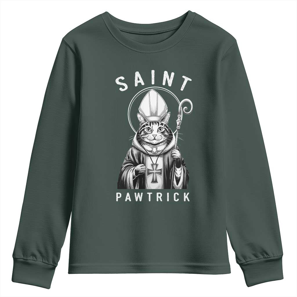 Funny St Patrick's Day Cat Youth Sweatshirt Saint Pawtrick TS11 Dark Forest Green Print Your Wear