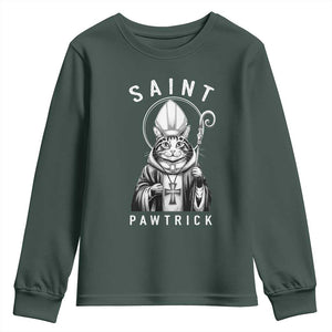 Funny St Patrick's Day Cat Youth Sweatshirt Saint Pawtrick TS11 Dark Forest Green Print Your Wear