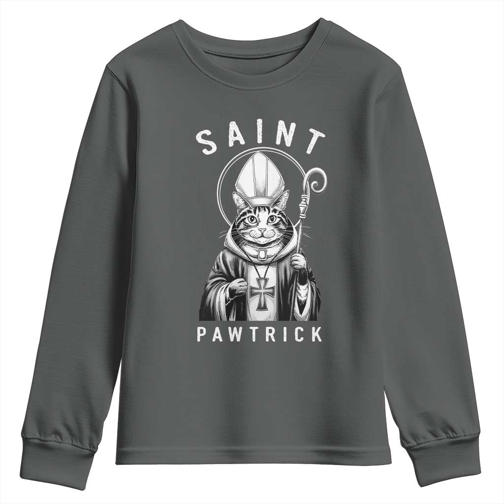Funny St Patrick's Day Cat Youth Sweatshirt Saint Pawtrick TS11 Dark Heather Print Your Wear