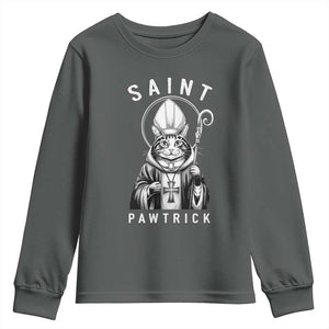 Funny St Patrick's Day Cat Youth Sweatshirt Saint Pawtrick TS11 Dark Heather Print Your Wear