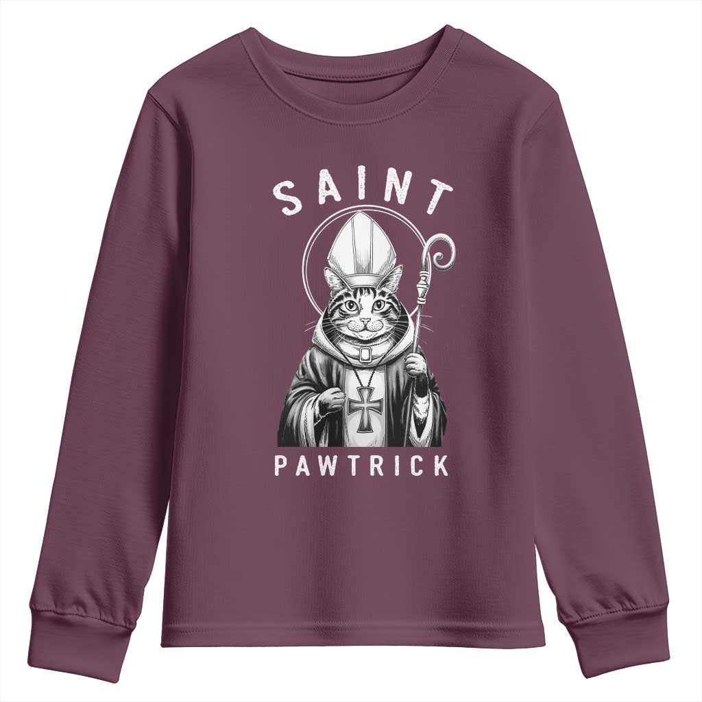 Funny St Patrick's Day Cat Youth Sweatshirt Saint Pawtrick TS11 Maroon Print Your Wear