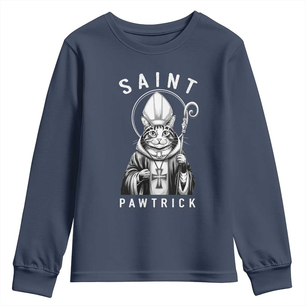 Funny St Patrick's Day Cat Youth Sweatshirt Saint Pawtrick TS11 Navy Print Your Wear