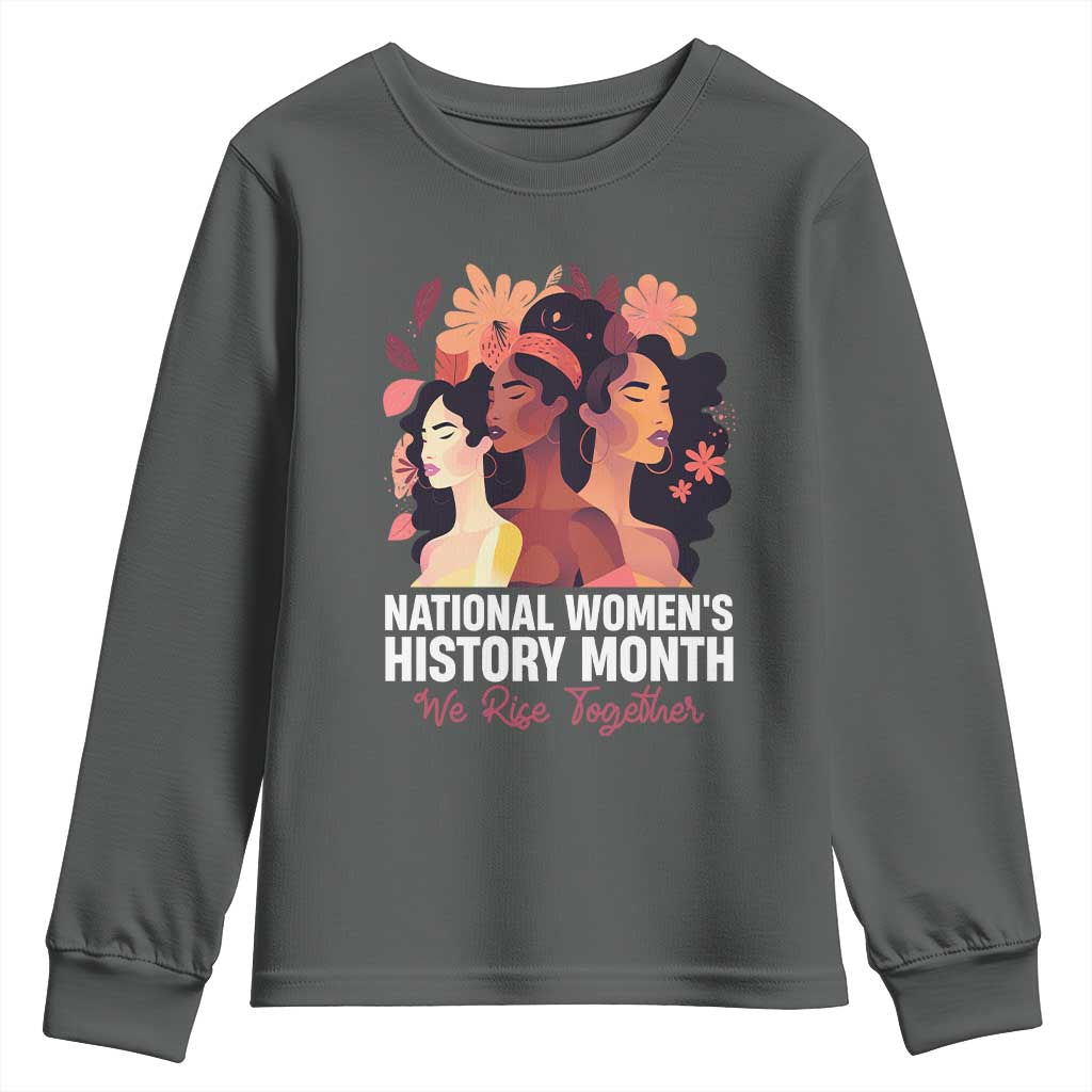 National Women's History Month We Rise Together Youth Sweatshirt TS11 Dark Heather Print Your Wear