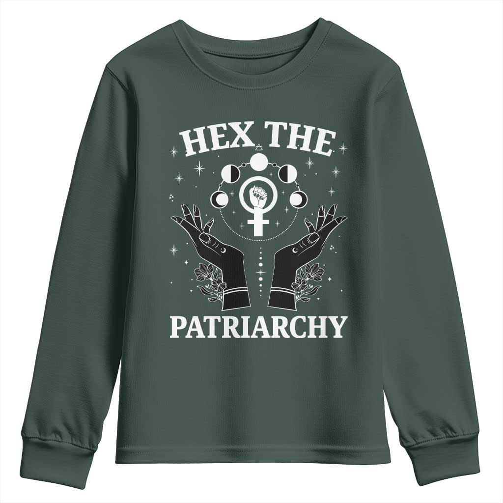 Hex The Patriarchy Youth Sweatshirt Feminist Witch Female Symbol TS11 Dark Forest Green Print Your Wear