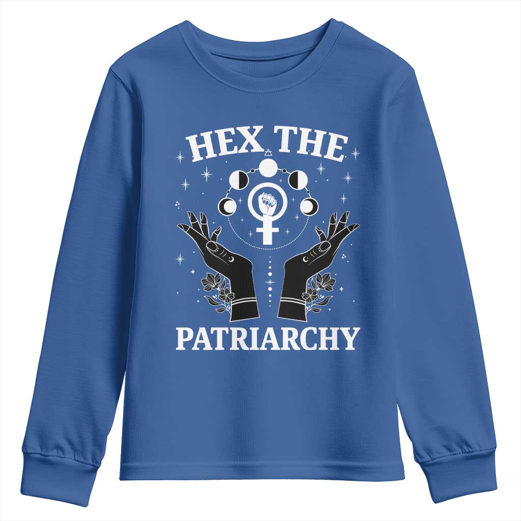 Hex The Patriarchy Youth Sweatshirt Feminist Witch Female Symbol TS11 Royal Blue Print Your Wear