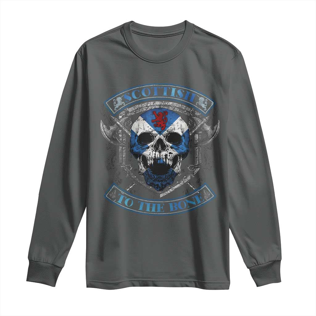 Funny Scottish Viking Long Sleeve Shirt Scottish To The Bone Vintage Scottish Lion Rampant Flag Skull TS11 Dark Heather Print Your Wear