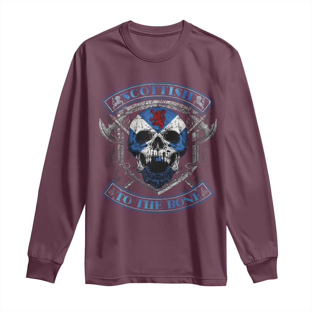 Funny Scottish Viking Long Sleeve Shirt Scottish To The Bone Vintage Scottish Lion Rampant Flag Skull TS11 Maroon Print Your Wear