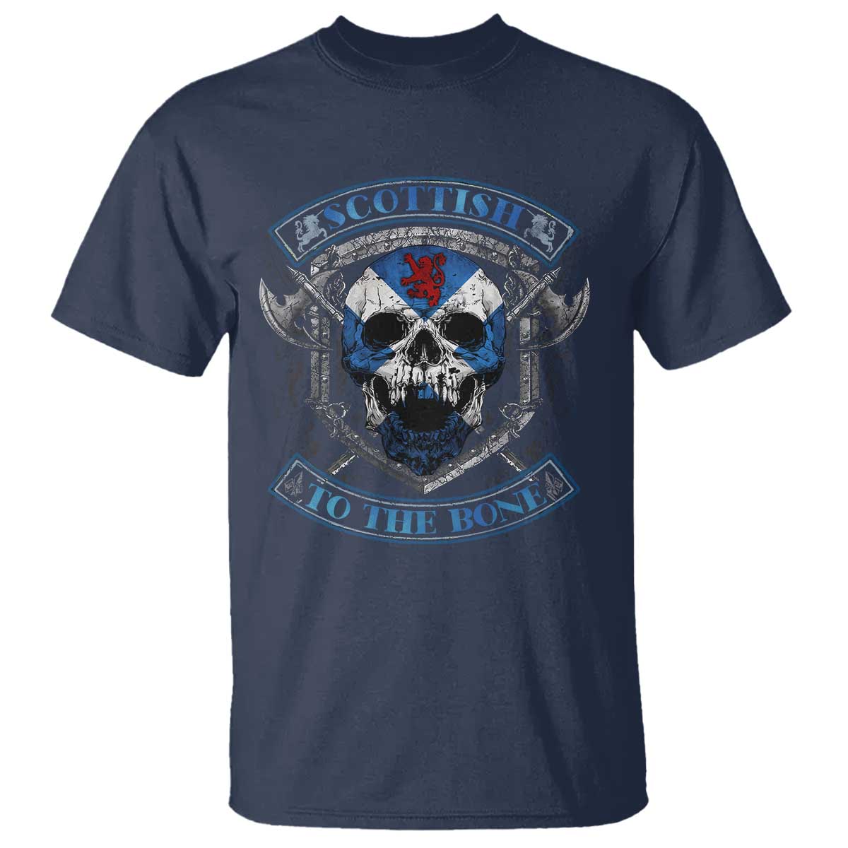 Funny Scottish Viking T Shirt Scottish To The Bone Vintage Scottish Lion Rampant Flag Skull TS11 Navy Print Your Wear