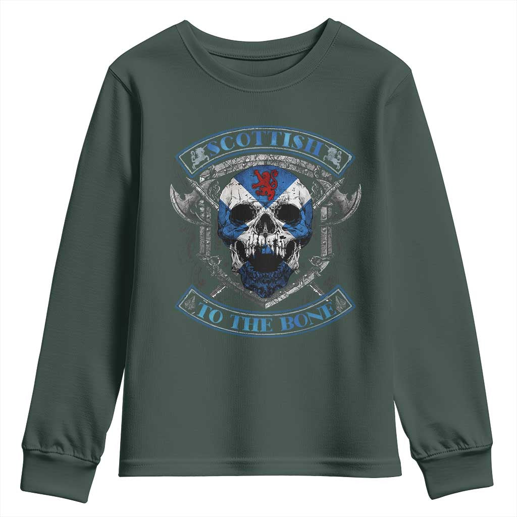 Funny Scottish Viking Youth Sweatshirt Scottish To The Bone Vintage Scottish Lion Rampant Flag Skull TS11 Dark Forest Green Print Your Wear