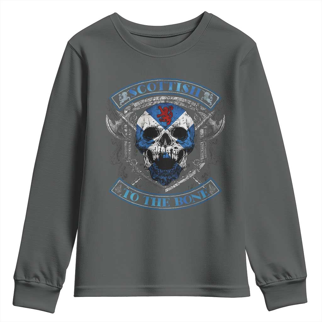 Funny Scottish Viking Youth Sweatshirt Scottish To The Bone Vintage Scottish Lion Rampant Flag Skull TS11 Dark Heather Print Your Wear