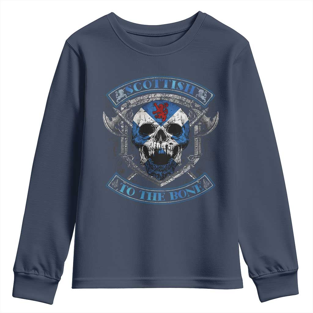 Funny Scottish Viking Youth Sweatshirt Scottish To The Bone Vintage Scottish Lion Rampant Flag Skull TS11 Navy Print Your Wear