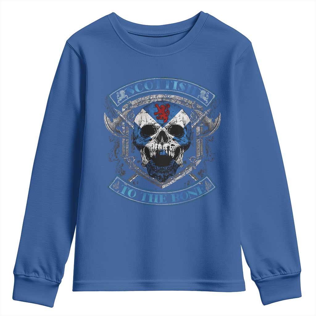 Funny Scottish Viking Youth Sweatshirt Scottish To The Bone Vintage Scottish Lion Rampant Flag Skull TS11 Royal Blue Print Your Wear