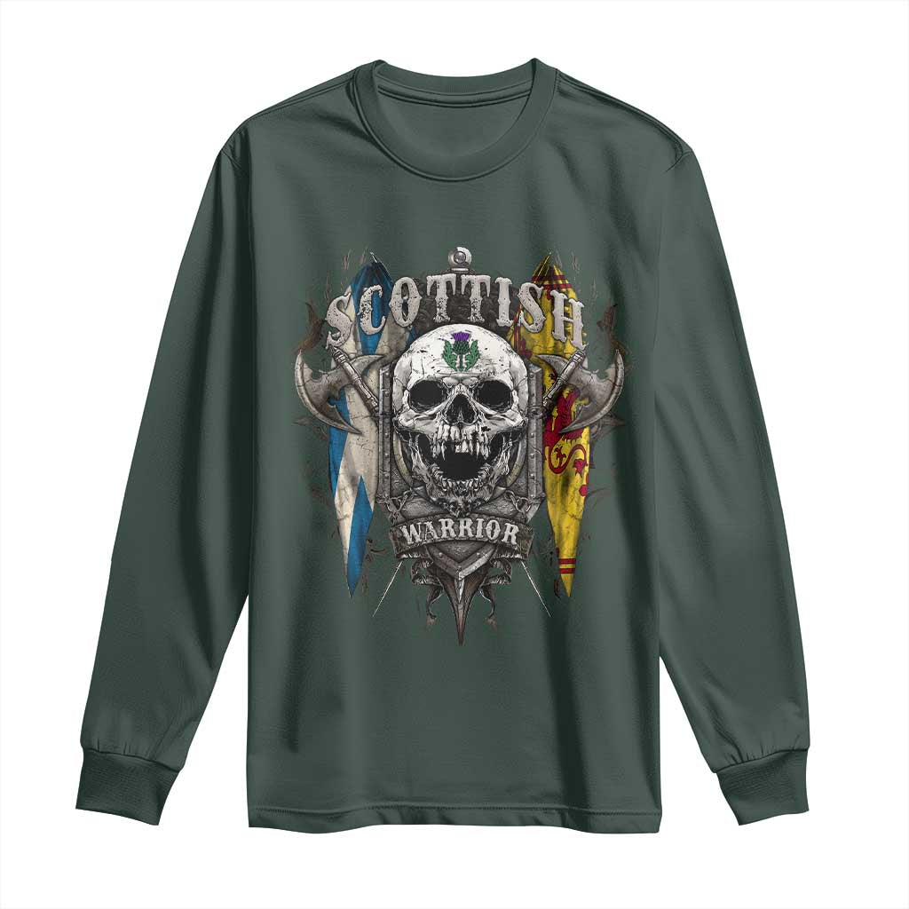 Scottish Warrior Long Sleeve Shirt Vintage Skull Celtic Cross Scottish Lion Rampant Flag TS11 Dark Forest Green Print Your Wear