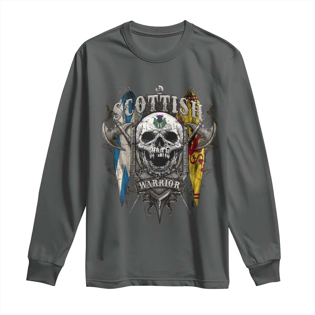 Scottish Warrior Long Sleeve Shirt Vintage Skull Celtic Cross Scottish Lion Rampant Flag TS11 Dark Heather Print Your Wear