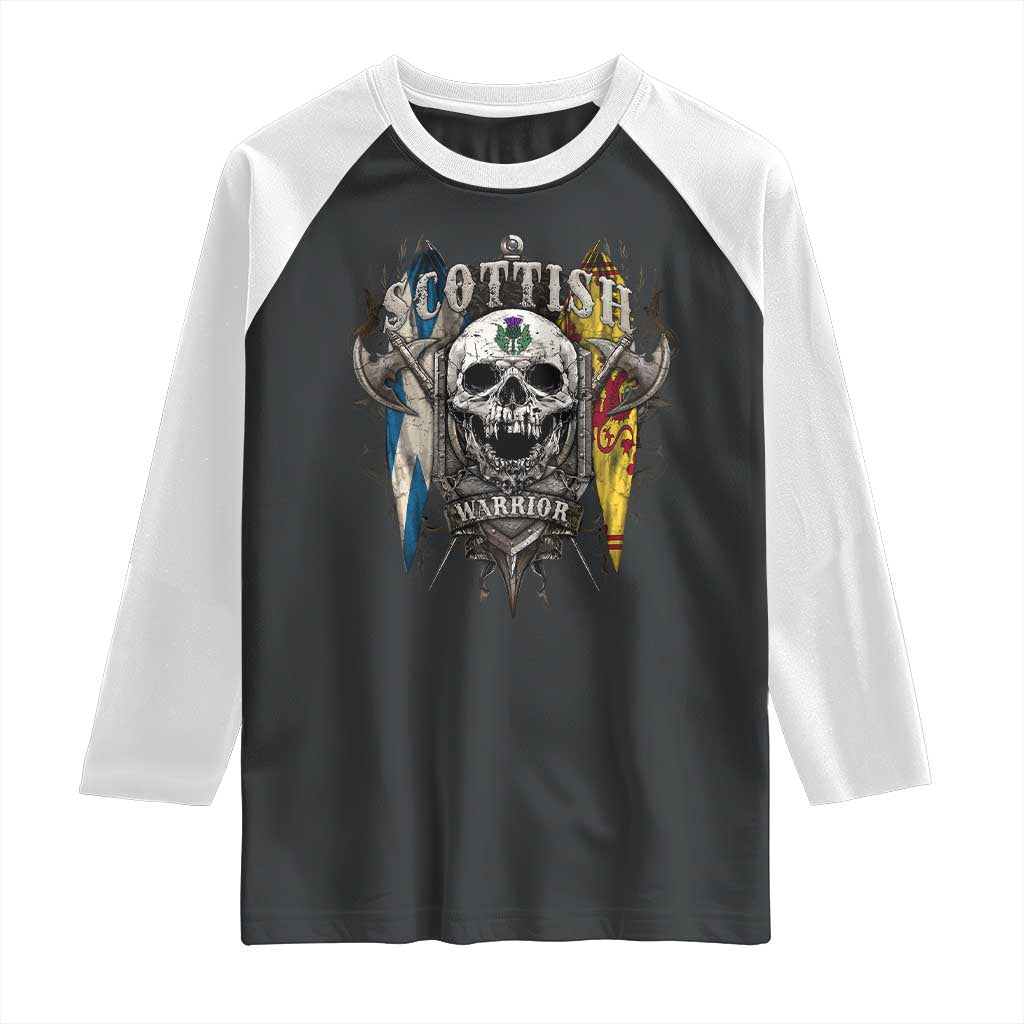 Scottish Warrior Raglan Shirt Vintage Skull Celtic Cross Scottish Lion Rampant Flag TS11 Black White Print Your Wear