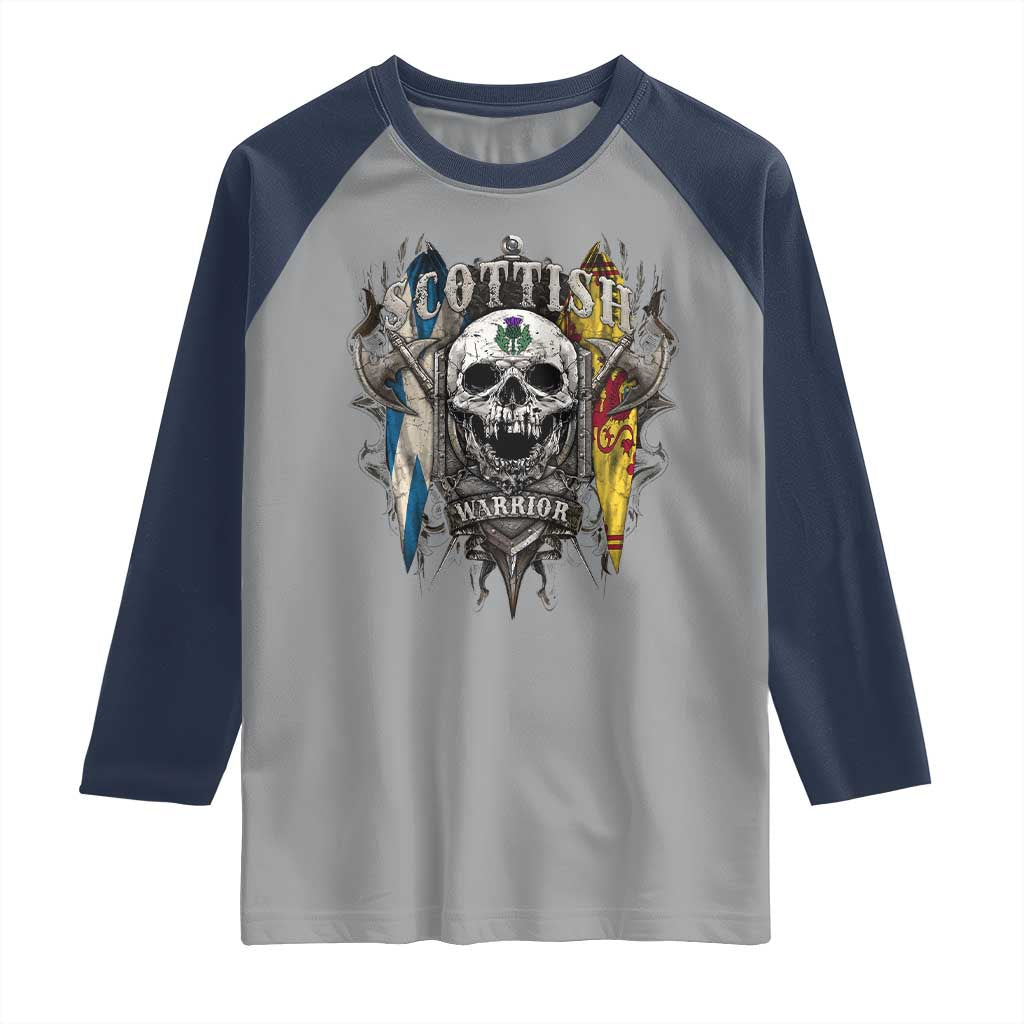 Scottish Warrior Raglan Shirt Vintage Skull Celtic Cross Scottish Lion Rampant Flag TS11 Sport Gray Navy Print Your Wear