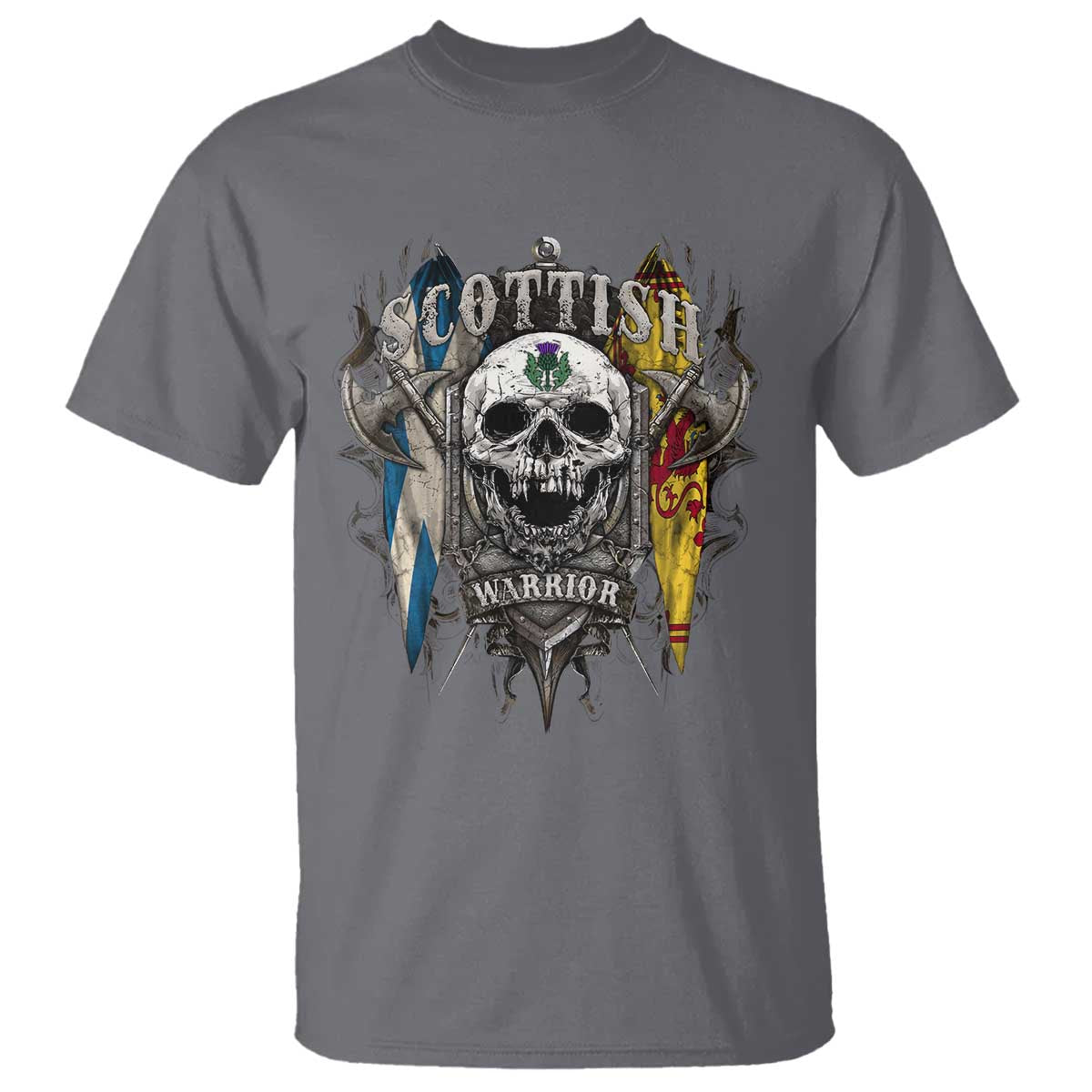 Scottish Warrior T Shirt Vintage Skull Celtic Cross Scottish Lion Rampant Flag TS11 Charcoal Print Your Wear
