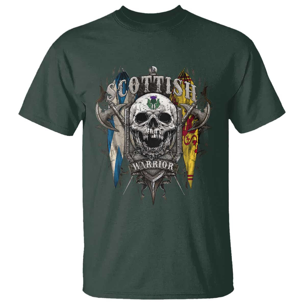 Scottish Warrior T Shirt Vintage Skull Celtic Cross Scottish Lion Rampant Flag TS11 Dark Forest Green Print Your Wear