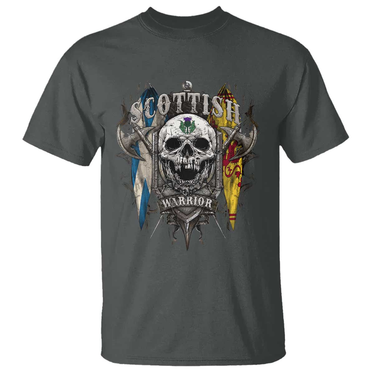 Scottish Warrior T Shirt Vintage Skull Celtic Cross Scottish Lion Rampant Flag TS11 Dark Heather Print Your Wear