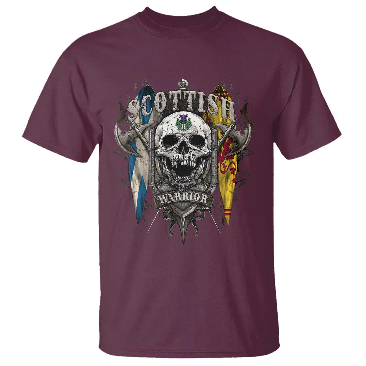 Scottish Warrior T Shirt Vintage Skull Celtic Cross Scottish Lion Rampant Flag TS11 Maroon Print Your Wear