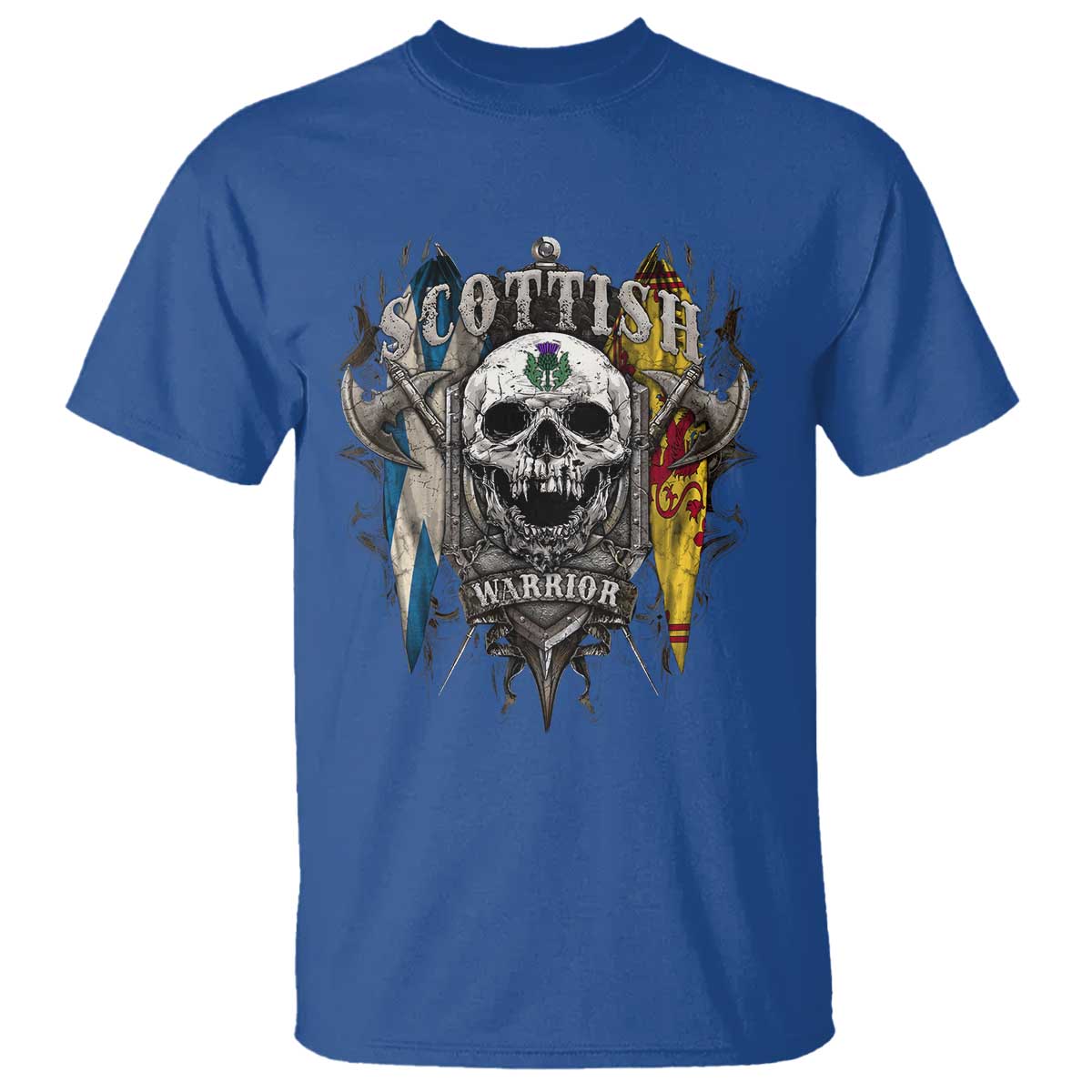 Scottish Warrior T Shirt Vintage Skull Celtic Cross Scottish Lion Rampant Flag TS11 Royal Blue Print Your Wear