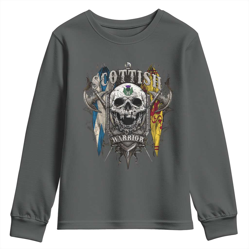 Scottish Warrior Youth Sweatshirt Vintage Skull Celtic Cross Scottish Lion Rampant Flag TS11 Dark Heather Print Your Wear