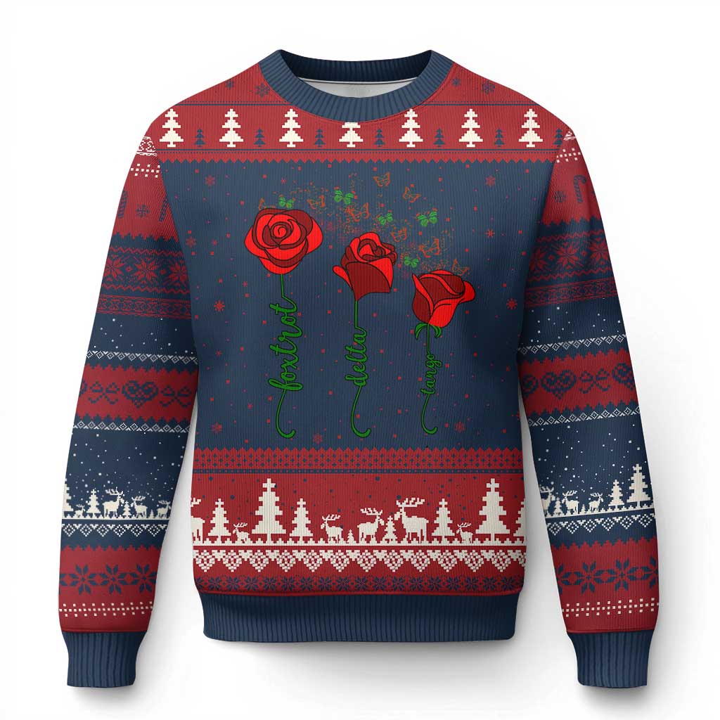 Funny Foxtrot Delta Tango Ugly Christmas Sweater Vintage Rose Flowers Butterfly TS11 Navy Red Print Your Wear