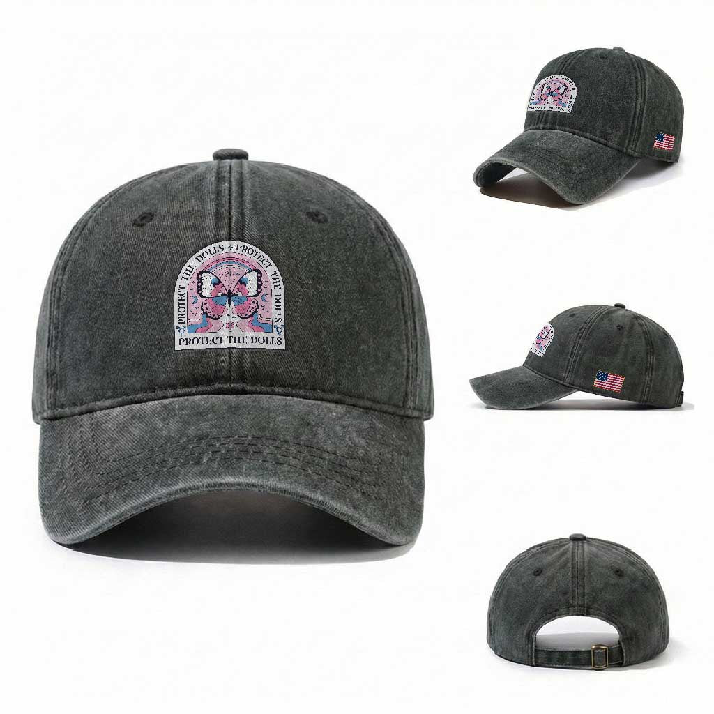 Protect The Dolls Washed Cotton Baseball Cap Trans Women Pride Month Butterfly TS11 Washed Cap Universal Fit Dark Green Print Your Wear
