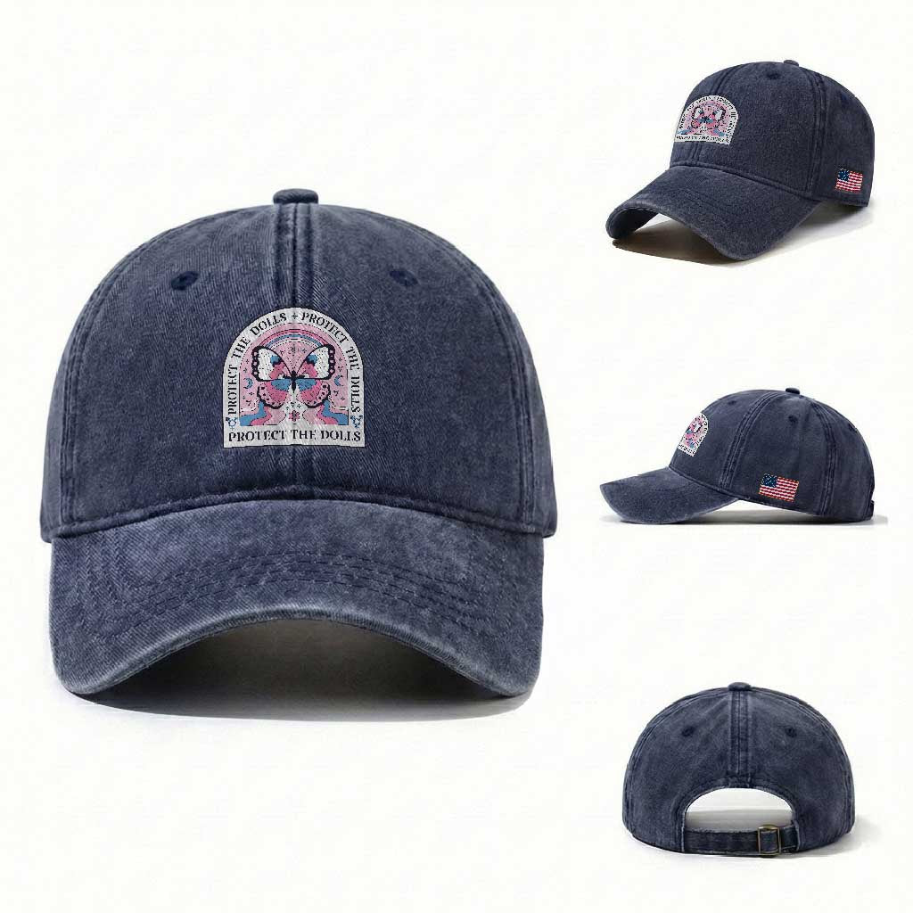 Protect The Dolls Washed Cotton Baseball Cap Trans Women Pride Month Butterfly TS11 Washed Cap Universal Fit Navy Print Your Wear