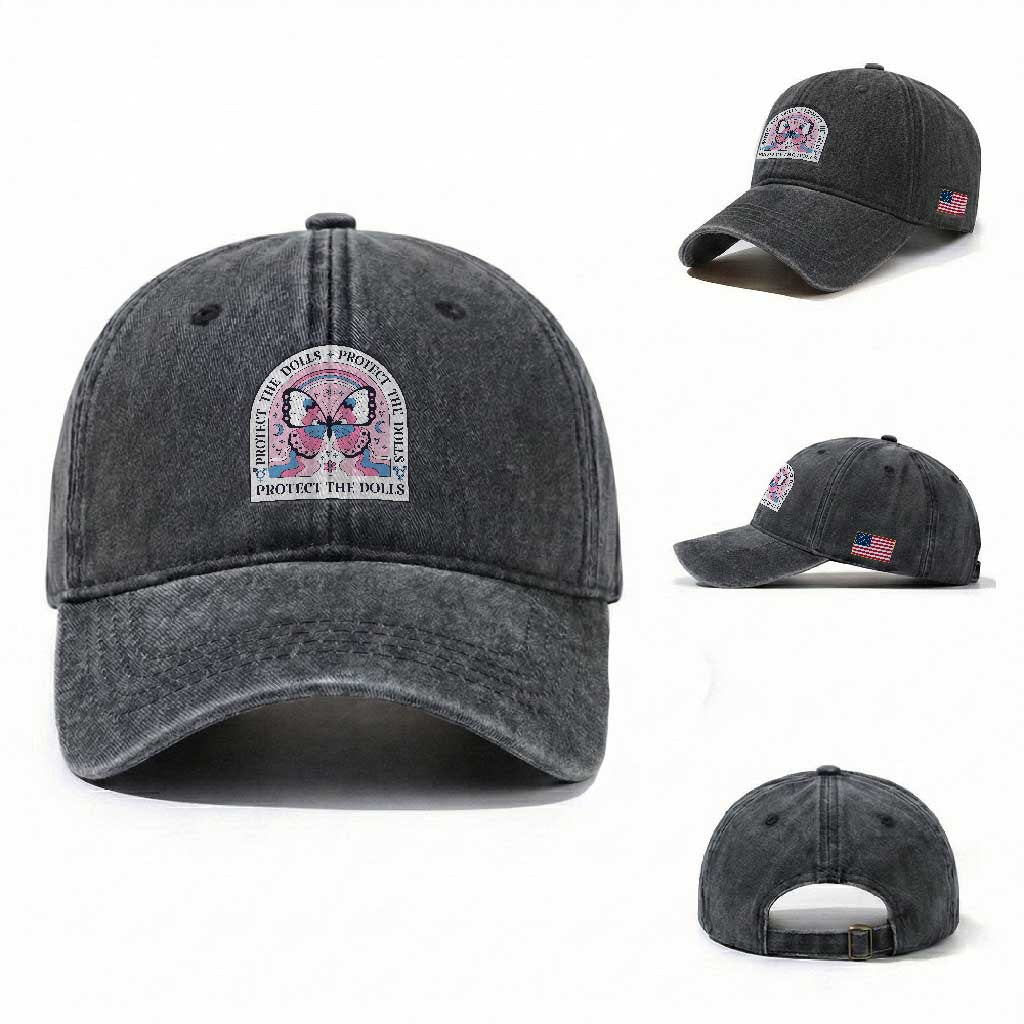 Protect The Dolls Washed Cotton Baseball Cap Trans Women Pride Month Butterfly TS11 Washed Cap Universal Fit Dark Gray Print Your Wear